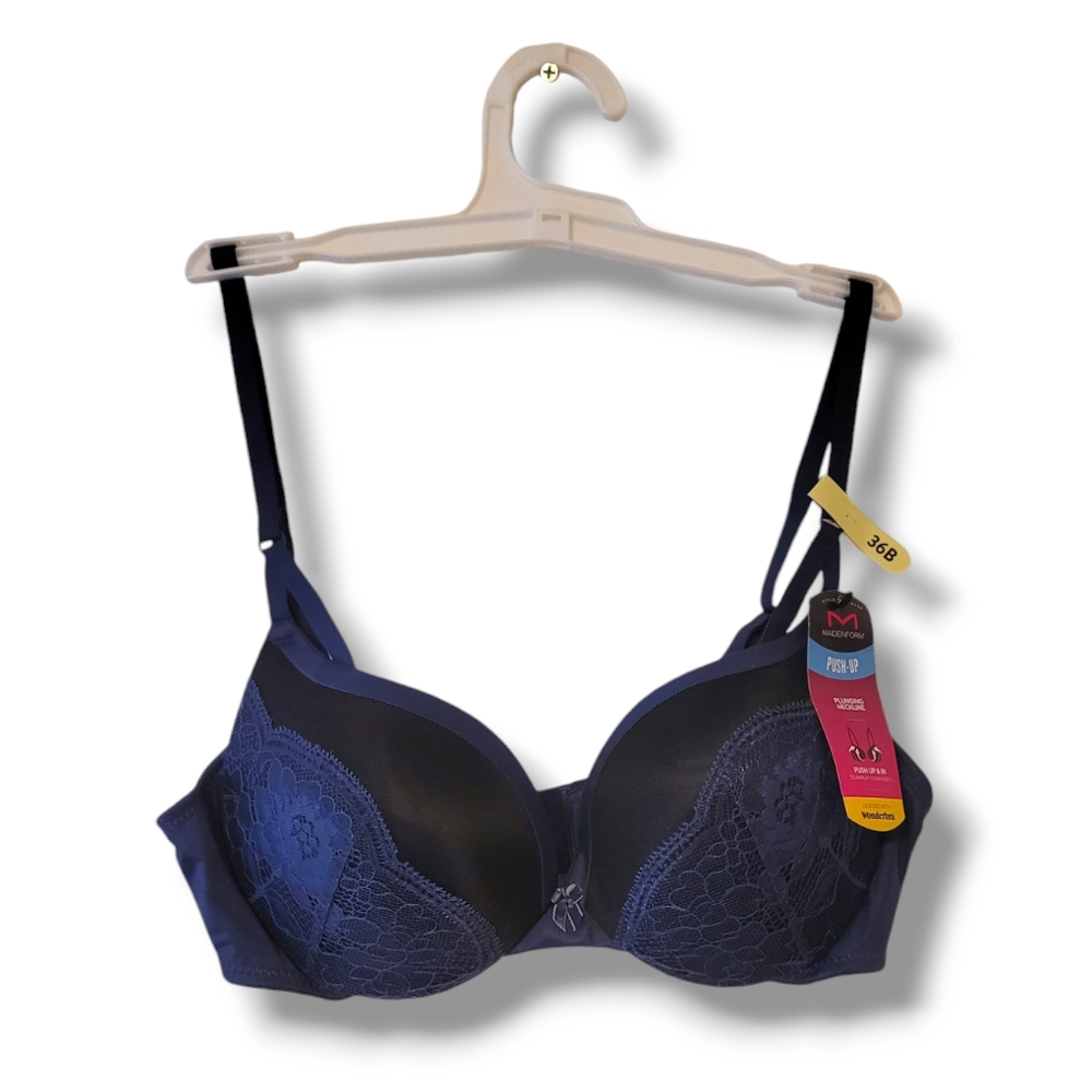 Maidenform Push-up Plunging Neckline Blue Lacy overlay DM9900 36B